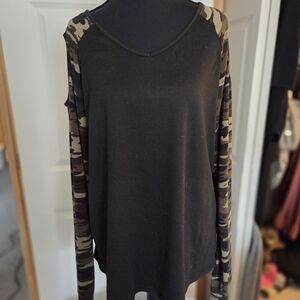 Black Long-Sleeve Top with Camo Sleeves and Cold Shoulders